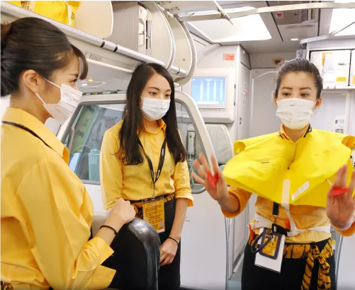 Parent-kid cabin crew camp: in flight announcement and safety check